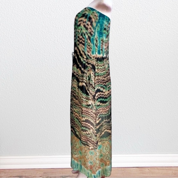 Language Silk Southwest Boho Tribal Strapless Maxi Dress Turquoise SZ S - Picture 5 of 13